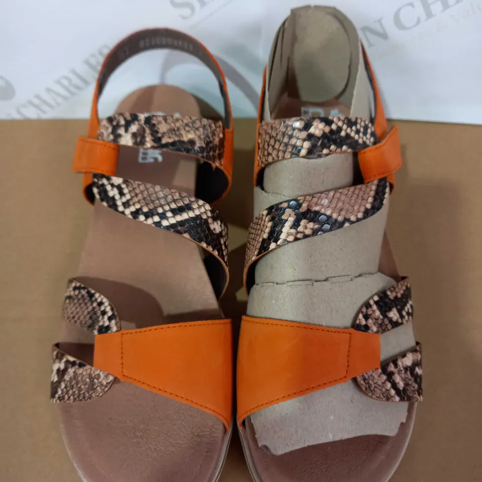 RIEKER ANTISTRESS PAIR OF SANDALS (LEATHER, ORANGE/SNAKE PATTERN), SIZE 7.5 UK