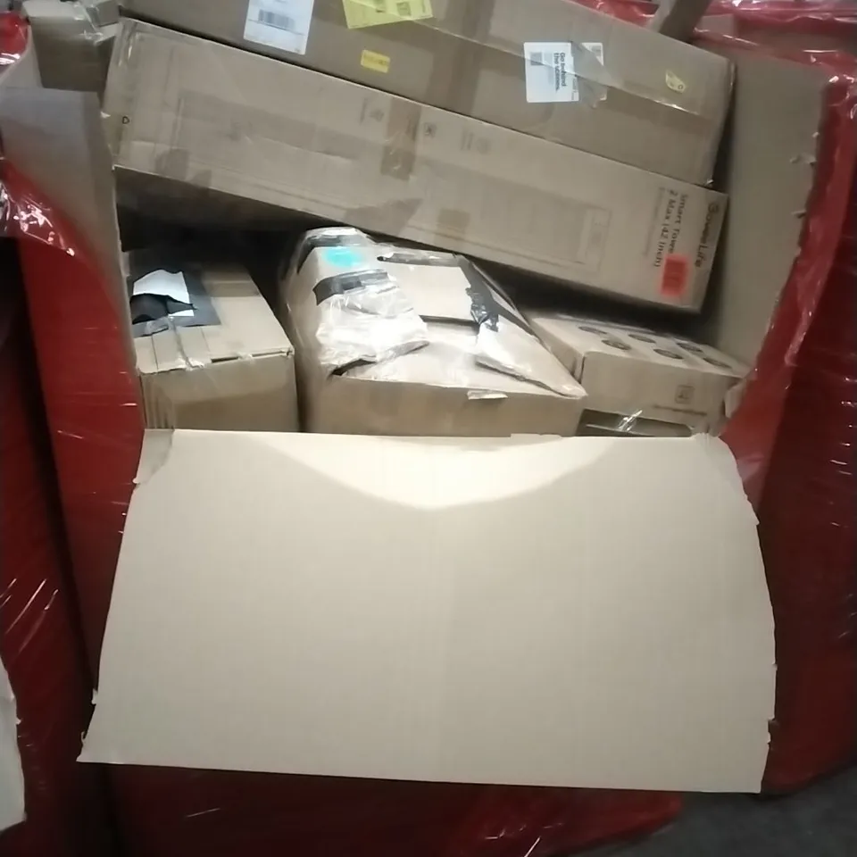 A PALLET CONTAINING ASSORTED HOUSEHOLD GOODS AND PRODUCTS TO INCLUDE; SMART TOWER 2, AIR COOLER, BOXED FURNITURE ETC