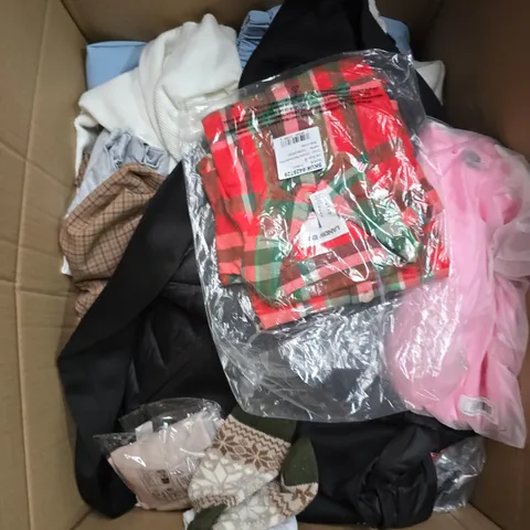 LARGE BOX OF APPROXIMATELY 25 ASSORTED CLOTHING ITEMS IN VARIOUS COLOURS, STYLES AND SIZES - COLLECTION ONLY