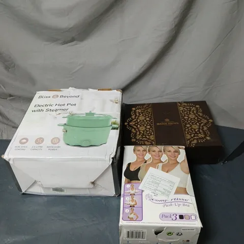 BOX OF APPROXIMATELY 12 ASSORTED ITEMS TO INCLUDE MOLTON BROWN, HOT POT, PUSH UP BRA ETC