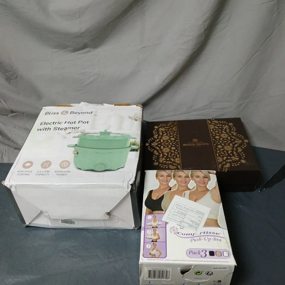 BOX OF APPROXIMATELY 12 ASSORTED ITEMS TO INCLUDE MOLTON BROWN, HOT POT, PUSH UP BRA ETC