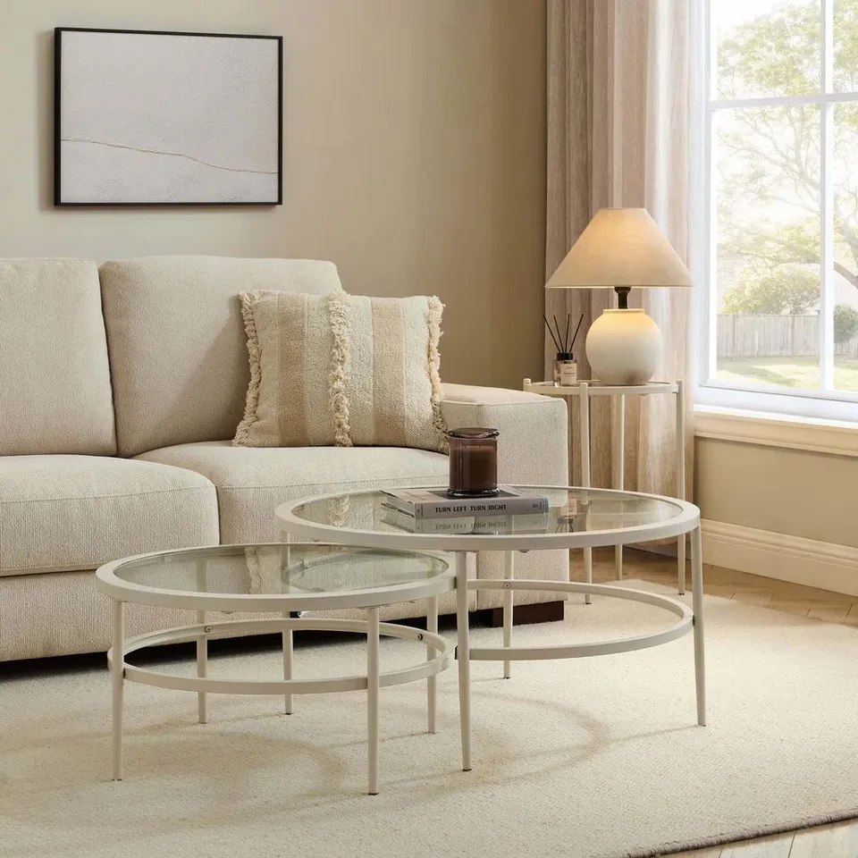 BOXED DUSK GLASS ROUND NESTING COFFEE TABLES - STONE (1 BOX)