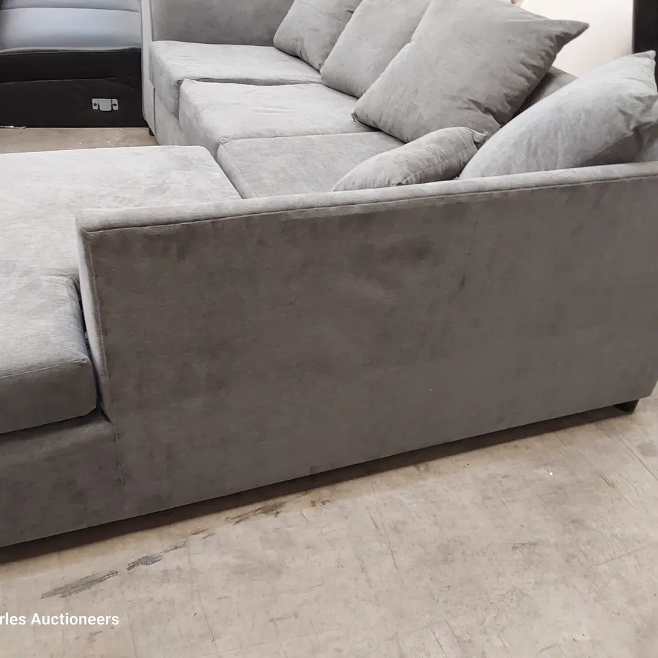 DESIGNER CHAISE SOFA WITH SCATTER CUSHIONS GREY FABRIC 