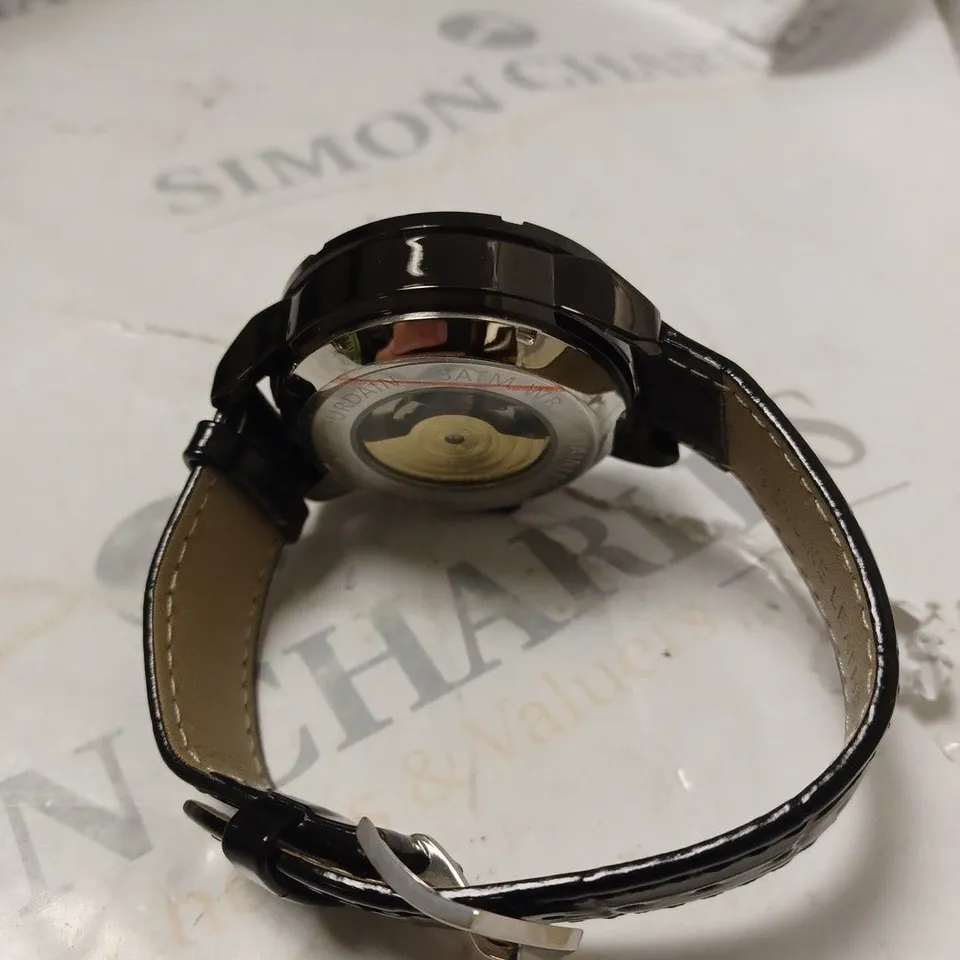 MENS WILLIAM JOURDAIN AUTOMATIC 2580 WATCH – OPEN HEART MOVEMENT WITH SUB DIALS – GLASS EXHIBITION BACK CASE – BLACK GENUINE LEATHER STRAP