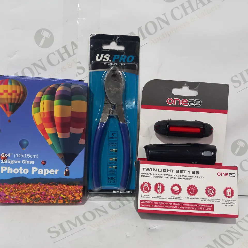 LOT OF APPROXIMATELY 10 ASSORTED HOUSEHOLD ITEMS TO INCLUDE ONE23 TWIN LIGHT SET 125, US. PRO CABLE CUTTER, PHOTO PAPER, ETC