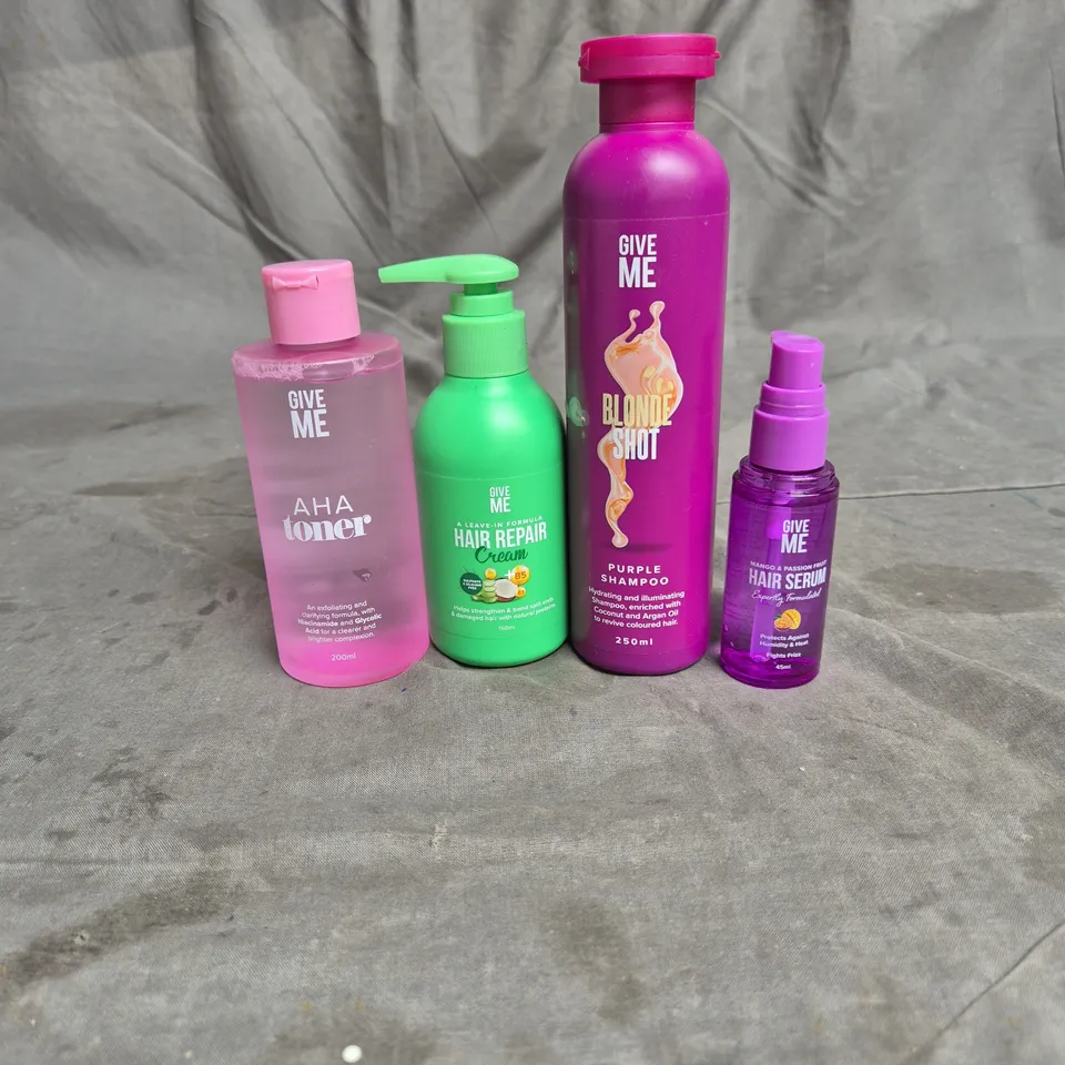 APPROXIMATELY 20 GIVE ME HAIR AND BODY PRODUCTS TO INCLUDE AHA TONER, SHAMPOO AND HAIR REPAIR CREAM