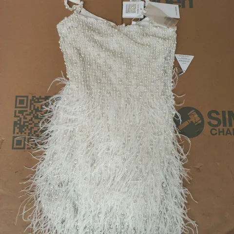 NADINE MERABI WOMEN'S WHITE BEADED FRINGE EVENING DRESS SIZE UK 8