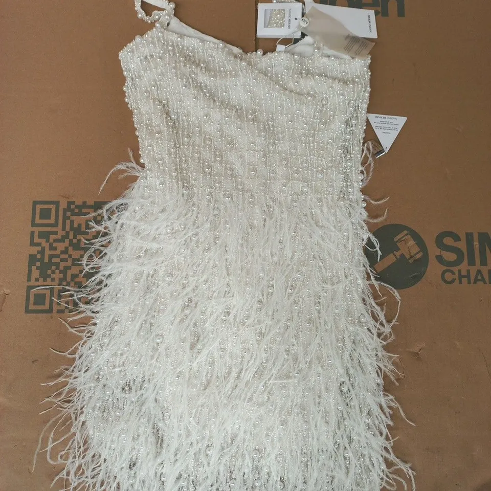 NADINE MERABI WOMEN'S WHITE BEADED FRINGE EVENING DRESS SIZE UK 8