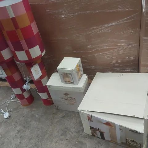 PALLET CONTAINING A VERY LARGE QUANTITY OF ASSORTED DESIGNER LIGHTING PRODUCTS INCLUDING: PHUKET FLOOR LAMP, KRUZE EASY FIT PENDANT, AUDRA SEMI FLUSH CEILING FITTING ECT