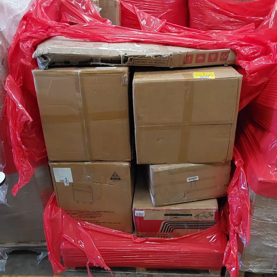 PALLET TO CONTAIN ASSORTED HOUSEHOLD ITEMS AND CONSUMER PRODUCTS. INCLUDING BELT DISC SANDER, STORAGE UNITS, BOXED FURNITURE ETC
