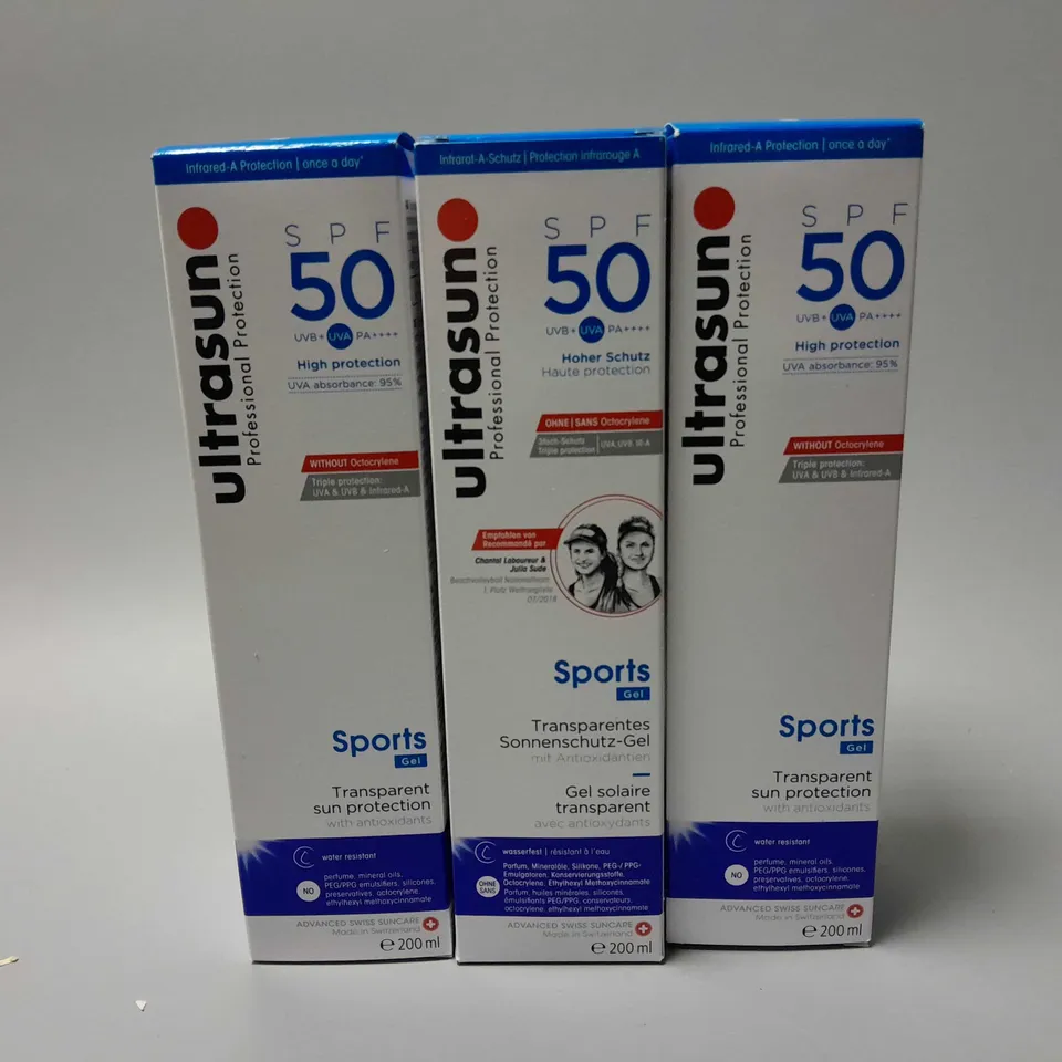 3 BOXED ULTRASUN SPF50 UVA SPORTS GEL (3 x 200ml)