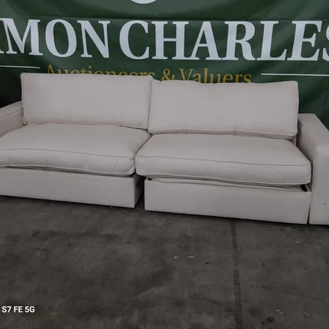 TWO DESIGNER WESTBURY METAL ACTION SOFABED SECTIONS NATURAL FABRIC