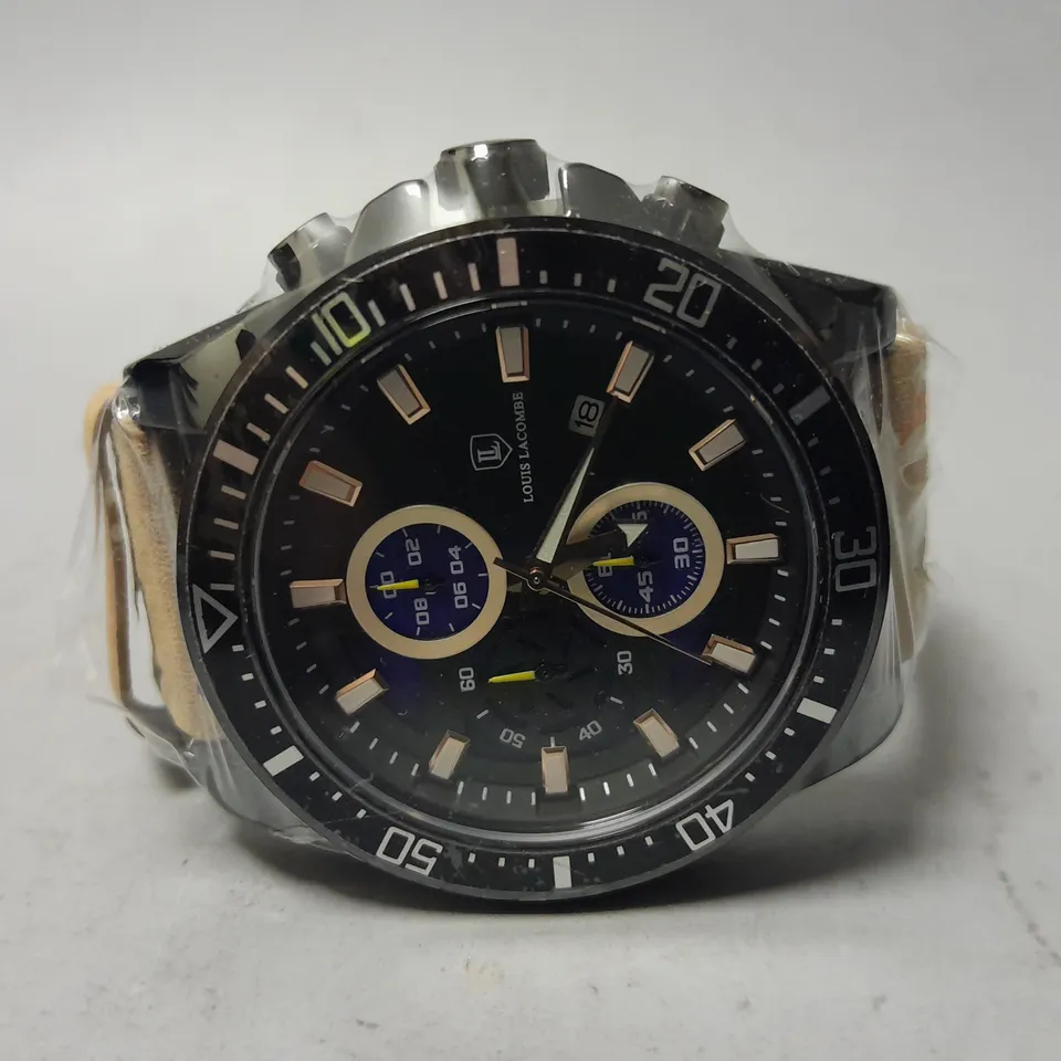 MENS LOUIS LACOMBE CHRONGRAPH WATCH – 3 SUB DIALS – BLACK CASE – LEATHER STRAP