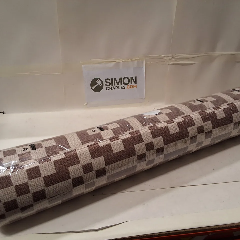 GEOMETRIC PATTERNED RUG – BROWN & BEIGE, ROLLED IN PLASTIC WRAP