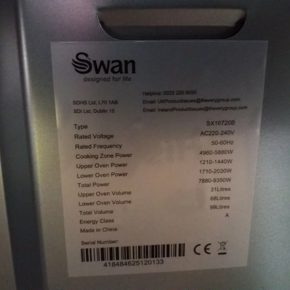 SWAN SX16720B 60CM ELECTRIC TWIN OVEN CERAMIC HOB COOKER - BLACK