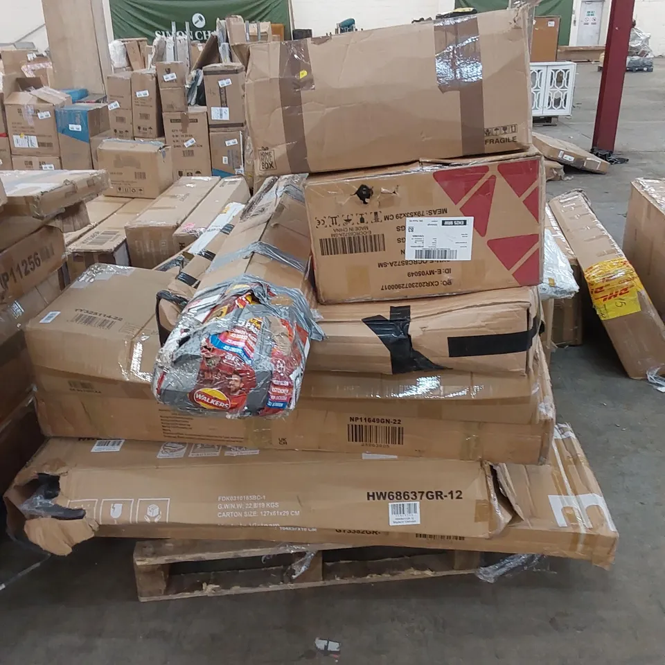 PALLET OF ASSORTED HOUSEHOLD PRODUCTS AND INCOMPLETE BOXED FURNITURE PARTS