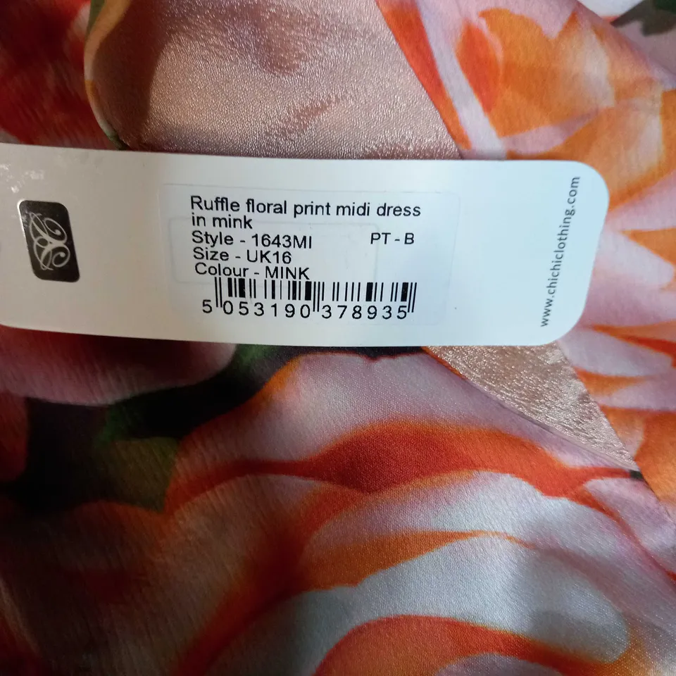CHI CHI MINK RUFFLE FLORAL PRINT MIDI DRESS - SIZE 16
