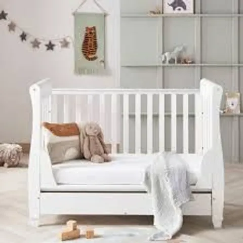 BOXED BABYMORE EVA SLEIGH COT BED DROPSIDE WITH DRAWER - WHITE (1 BOX)