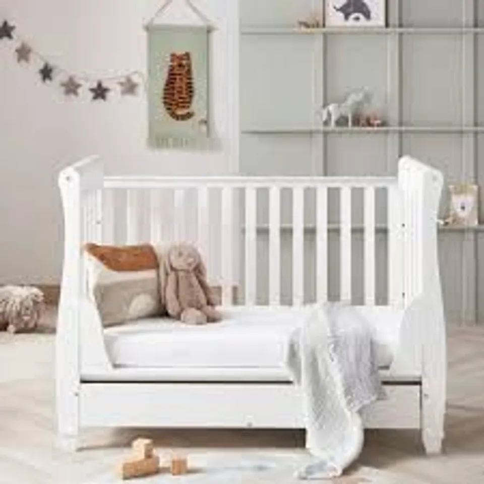BOXED BABYMORE EVA SLEIGH COT BED DROPSIDE WITH DRAWER - WHITE (1 BOX)
