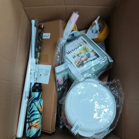 BOX OF APPROXIMATELY 15 ASSORTED HOUSEHOLD ITEMS TO INCLUDE TAPE, WALLPAPER AND WRAPPING PAPER