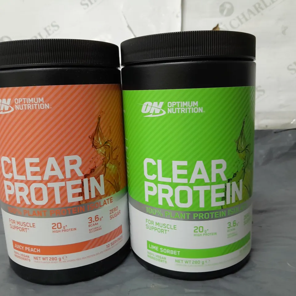 LOT OF 2 OPTIMUM NUTRITION CLEAR PROTEIN PLANT PROTEIN ISOLATE'S  280G - LIME SORBET & PEACH