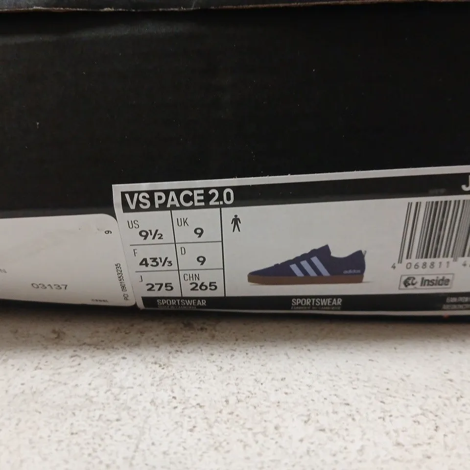 BOXED PAIR OF ADIDAS VS PACE 2.0 SNEAKERS – NAVY/BLUE WITH LIGHT BLUE STRIPES, UK 9