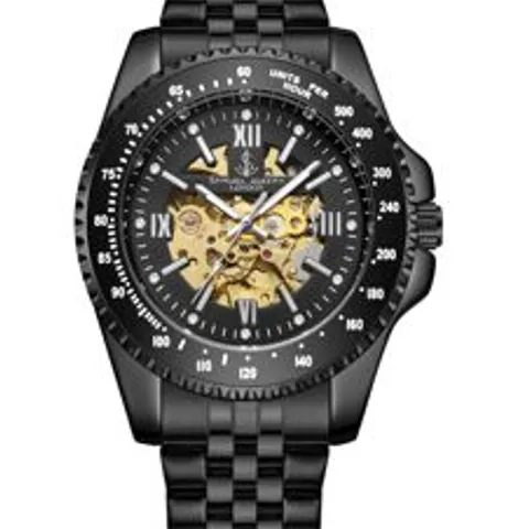 BOXED SAMUEL JOSEPH LIMITED EDITION SKELETON MECHANISM BLACK DESIGNER MENS WATCH