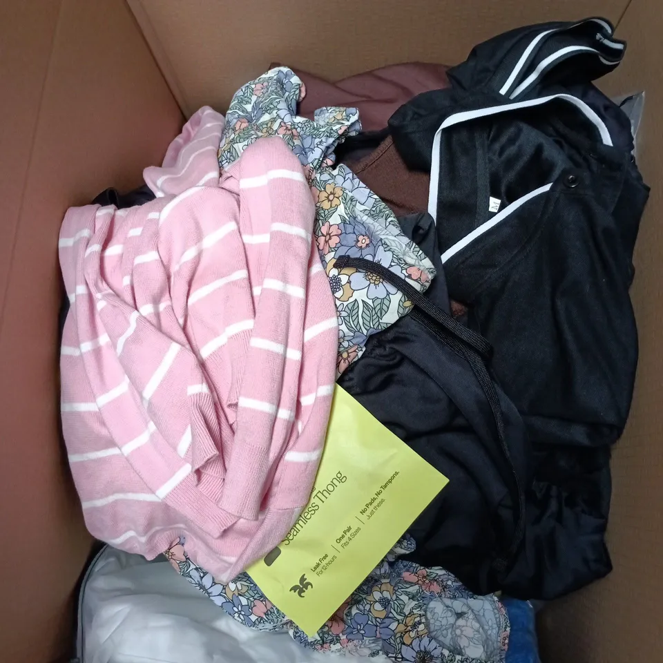 BOX OF APPROXIMATELY 25 ASSORTED CLOTHING ITEMS TO INCLUDE GREEN DRESS, POLO SHIRT, STRETCH PERIOD PANTS, LADIES TROUSERS ETC