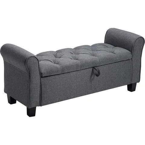 BOXED LINEN UPHOLSTERED STORAGE BENCH WITH ARMRESTS