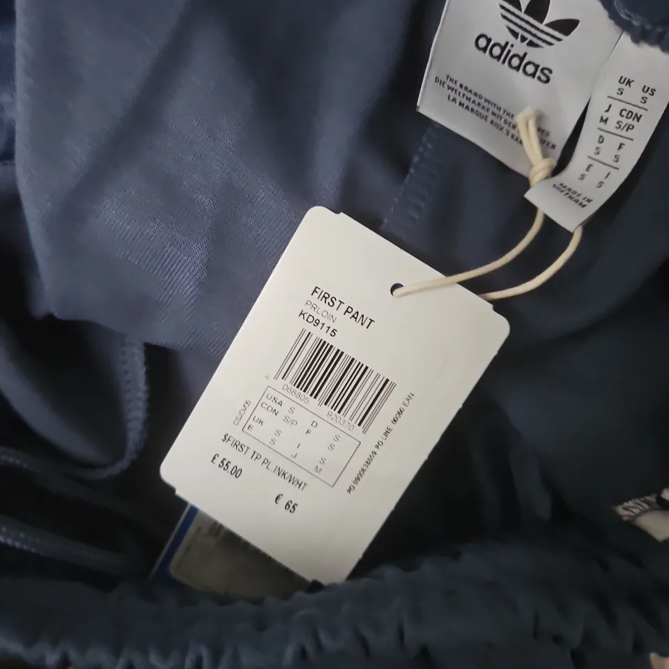 ADIDAS NAVY TRACK PANTS WITH WHITE SIDE STRIPES – UK S