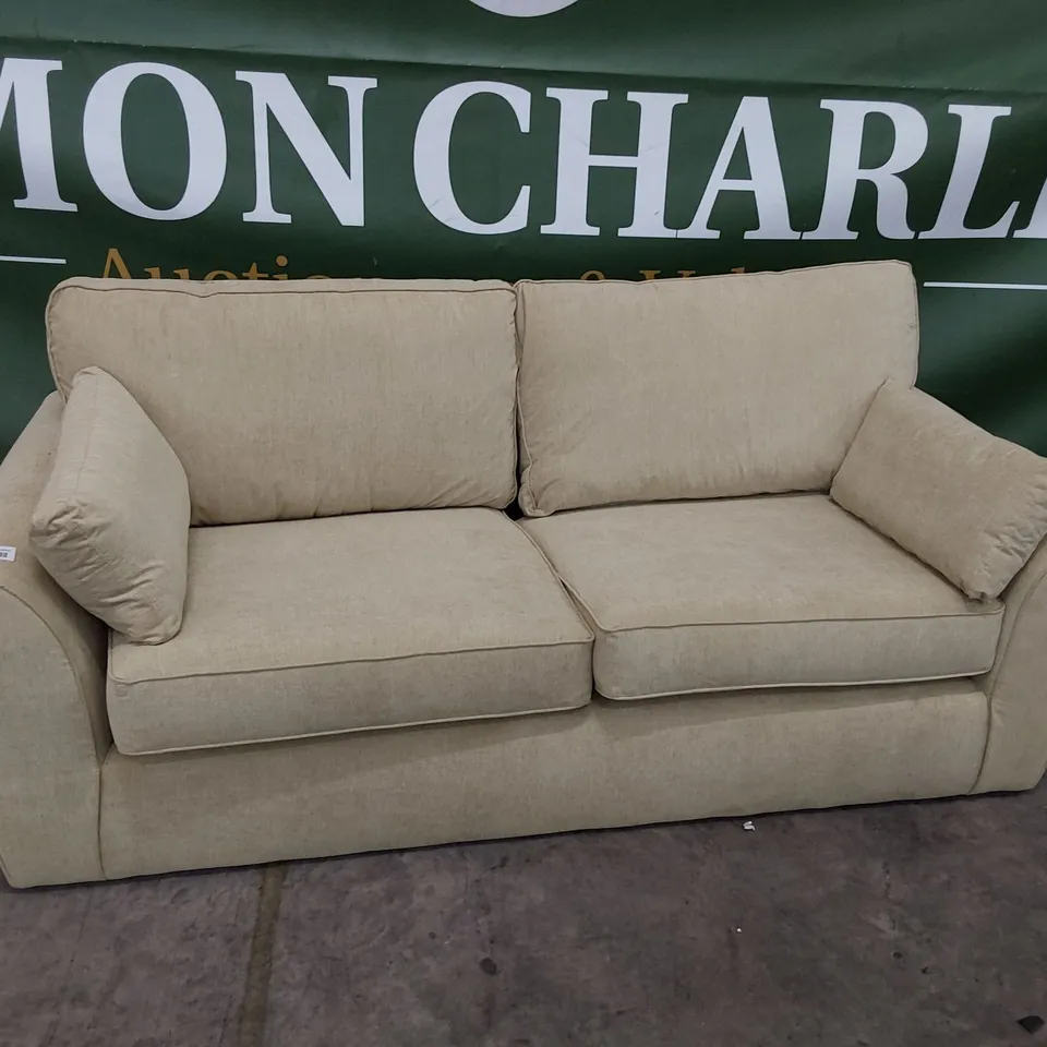 DESIGNER THREE SEATER SOFA WITH BOLSTER CUSHIONS YELLOW FABRIC 