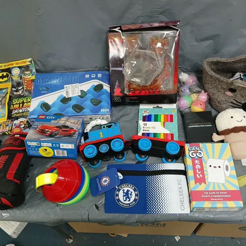 LARGE QUANTITY OF ASSORTED TOYS AND GAMES TO INCLUDE - JELLYCAT, FELT BEAR BASKET, AND ANIME FIGURINE ETC.  