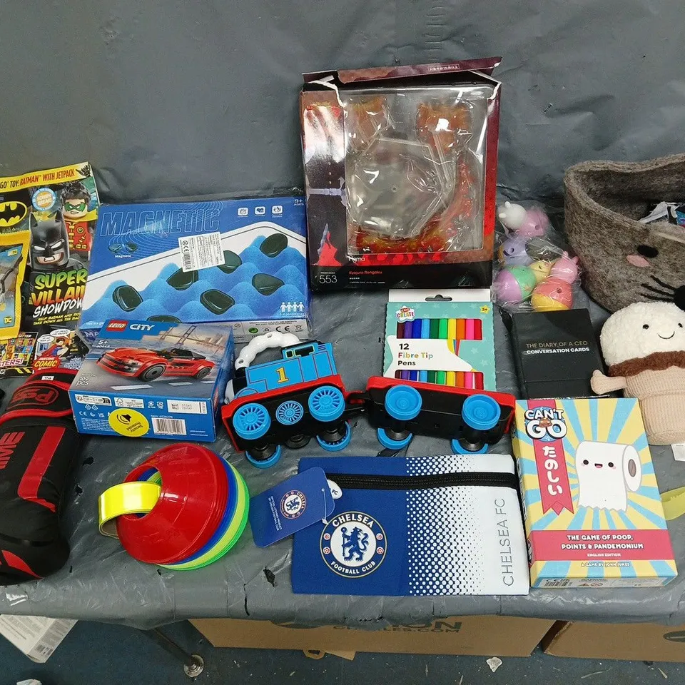 LARGE QUANTITY OF ASSORTED TOYS AND GAMES TO INCLUDE - JELLYCAT, FELT BEAR BASKET, AND ANIME FIGURINE ETC.  