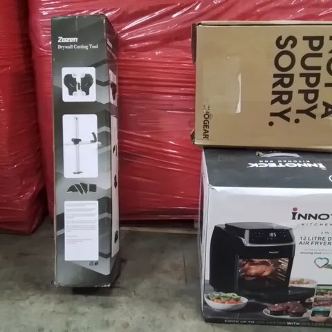 PALLET OF ASSORTED HOUSEHOLD GOODS AND PRODUCTS TO INCLUDE;AIR FRYER,DRYWALL CUTTING TOOL,MONITOR BRACKET