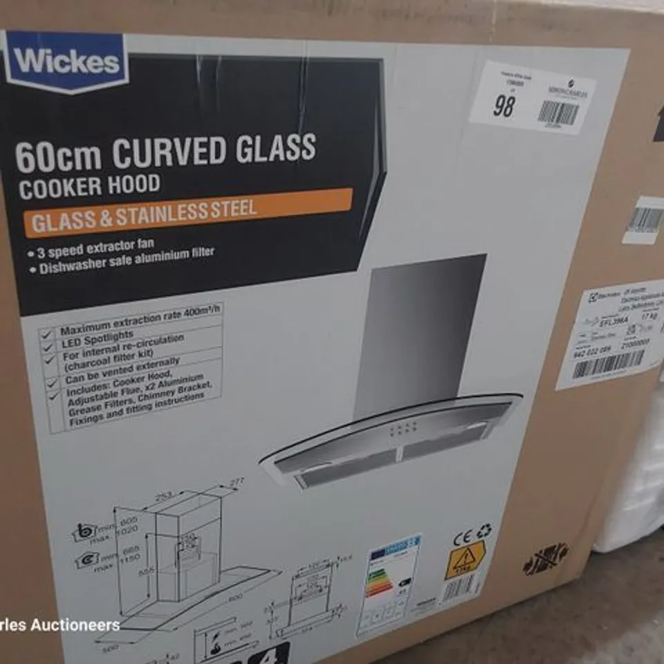 ELECTROLUX WICKES 60CM CURVED GLASS COOKER HOOD STAINLESS STEEL MODEL EFL396A RRP £142