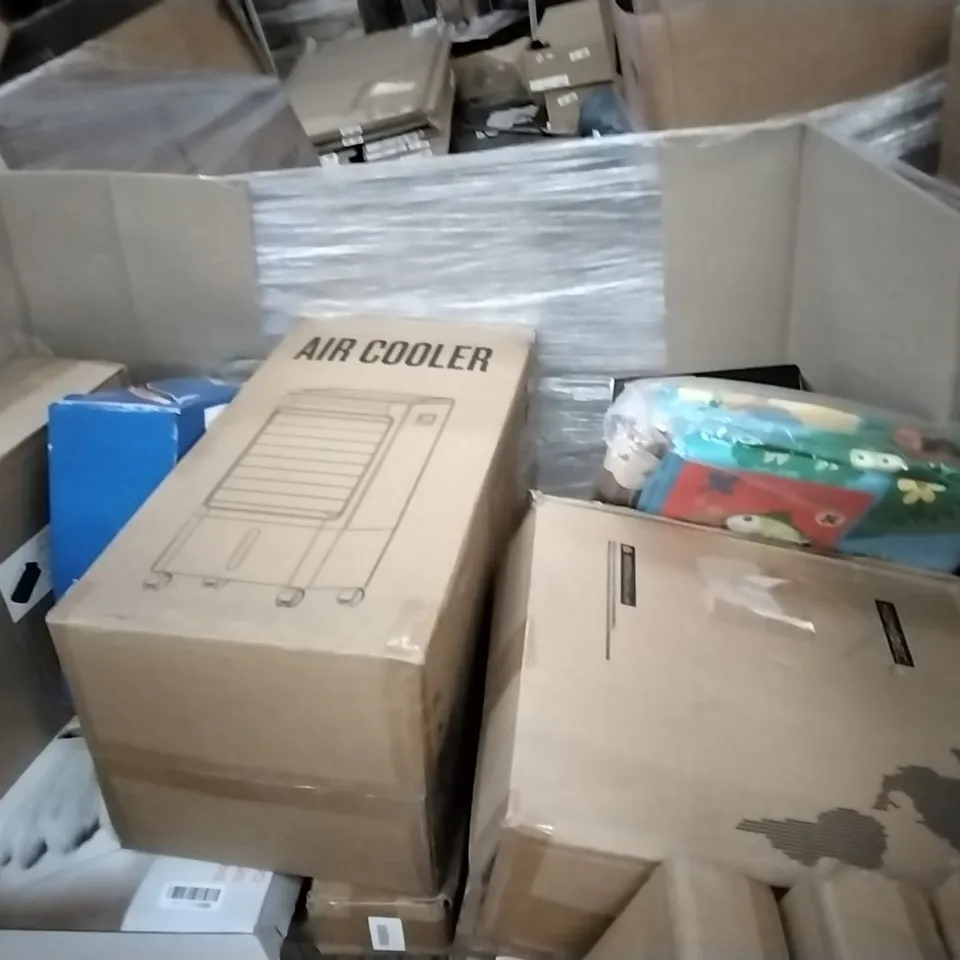 PALLET OF ASSORTED ITEMS INCLUDING PIPISHELL TOILET SEAT, BACOENG ASH VACUUM, LED PURIFICATION FIXTURE, 4 DRAWER STORAGE UNIT, BEDEE SHEEPSKIN RUG, AIR COOLER 