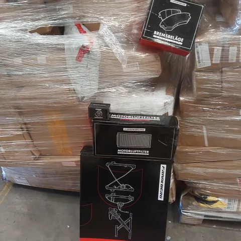 PALLET CONTAINING VARIOUS ASSORTED BOXED ITEMS INCLUDING, WINDOW REGULATOR, IGNITION SWITCH, EXPANDABLE HOSES,BRAKE PADS, FOLDING TABLE AND LOTS MORE UNMARKED BOXED ITEMS 