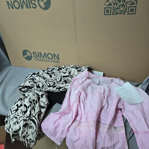 ASSORTED WOMEN'S CLOTHING LOT – PINK & PATTERNED GARMENTS BOX OF APPROXIMATELY 10 ITEMS OF CLOTHING .
