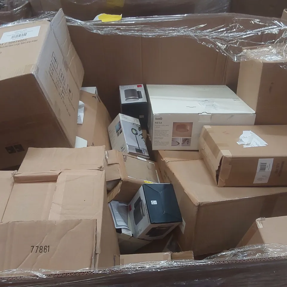PALLET CONTAINING A VERY LARGE QUANTITY OF ASSORTED DESIGNER LIGHTING PRODUCTS TO INCLUDE: CEILING LIGHTS, NEON SIGN, TABLE LAMP ECT