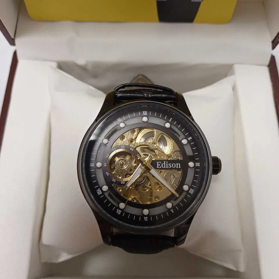 EDISON SKELETON DIAL LEATHER STRAP WRISTWATCH