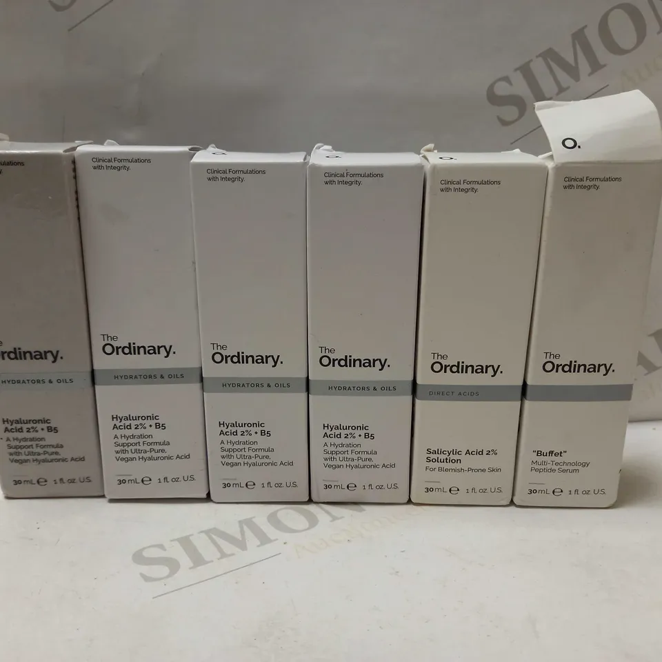 LOT OF APPROX 6 ASSORTED THE ORDINARY PRODUCTS TO INCLUDE " BUFFET", "SALICYLIC ACID SOLUTION", "HYALURONIC ACID"