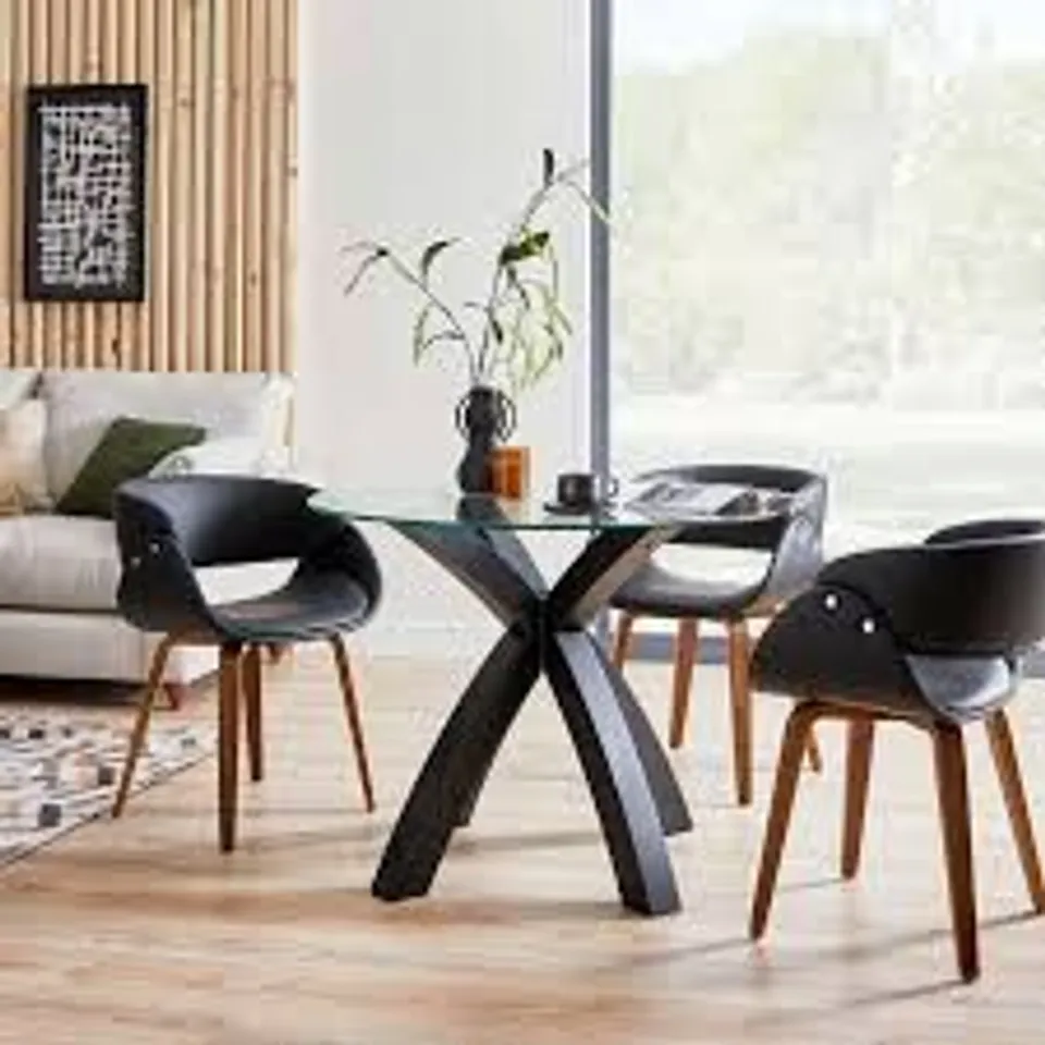 BOXED XAVI 4 SEATER ROUND DINING TABLE, GLASS AND BLACK (2 BOXES)