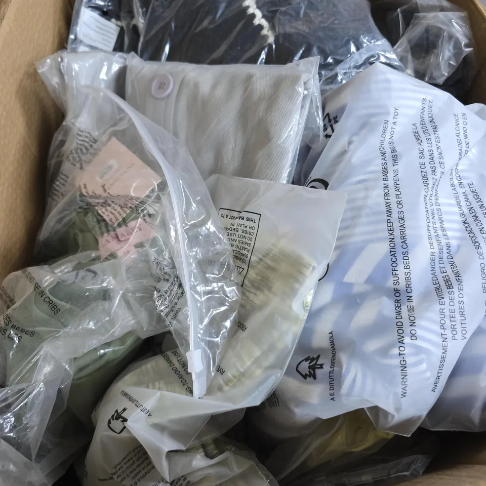 BOX OF APPROXIMATELY 20 ASSORTED CLOTHING ITEMS IN VARIOUS STYLES , COLOURS AND SIZES 