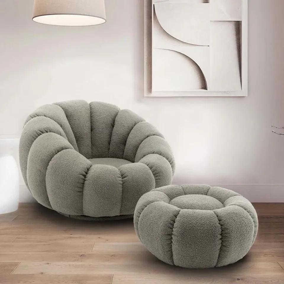 BOXED MIRIELLE TEDDY CHAIR WITH FOOTSTOOL - SAGE GREEN (1 BOX)