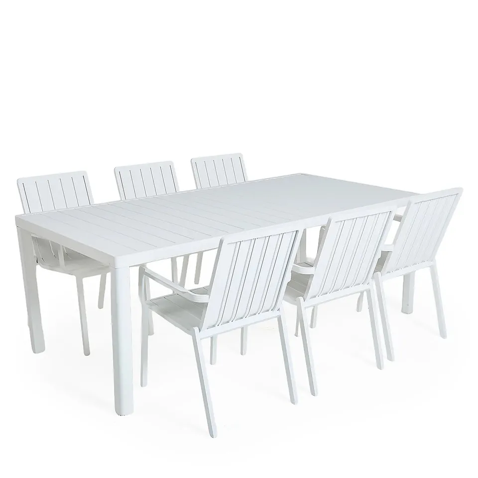 PALLET OF 3 ASSORTED FURNITURE SETS TO INCLUDE ABODE ROPE INDOOR OUTDOOR ROCKER CHAIR, ABODE 7 PIECE ALUMINIUM 6 SEATER INDOOR OUTDOOR DINING SET, GARDEN STORIES ULTRA COMFORT PADDED LOUNGE SET - COLL