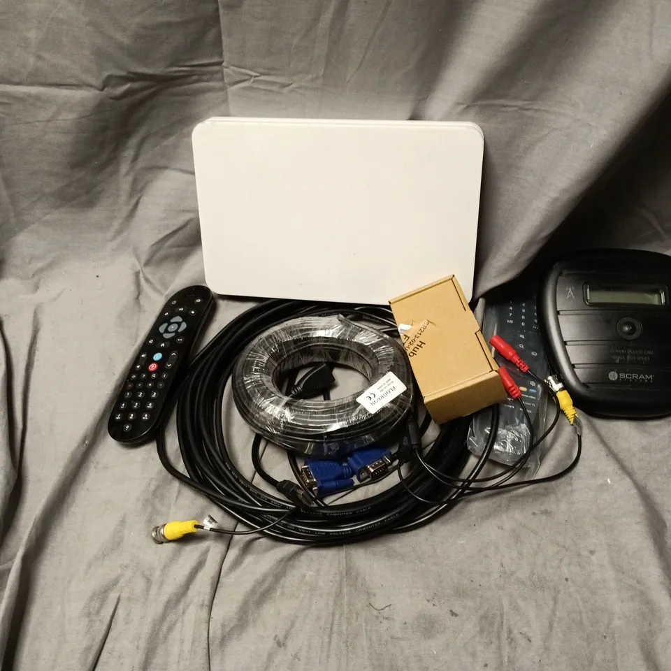 APPROXIMATELY 15 ASSORTED HOUSEHOLD ITEMS TO INCLUDE CABLES, ROUTERS, REMOTES, ETC