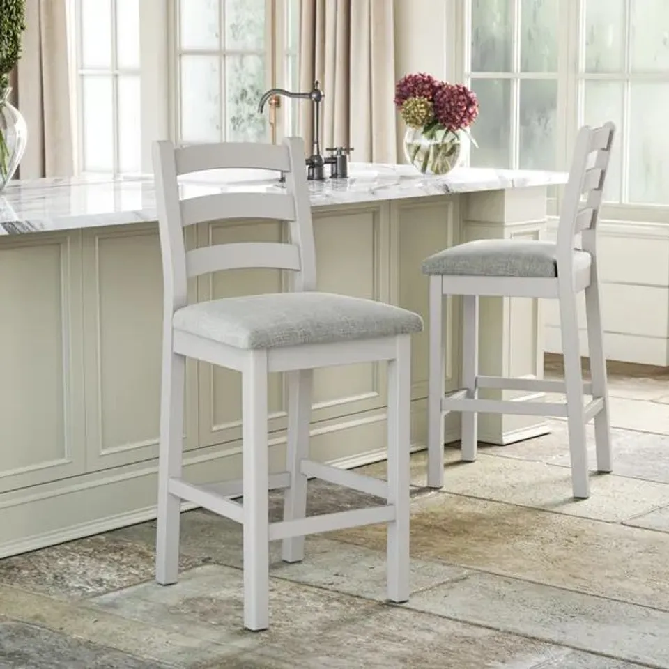 BOXED SALCOMBE SET OF 2 COUNTER HEIGHT BAR STOOLS, PINE - STONE (WITHOUT CUSHION SEAT PAD)