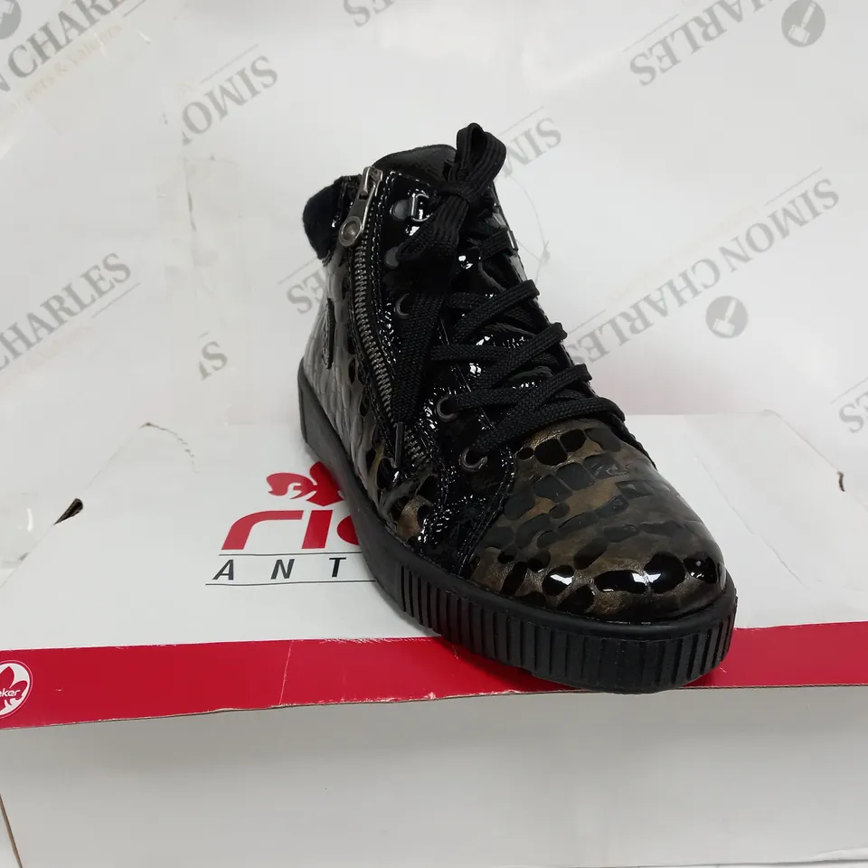 RIEKER TRAINER BOOT SIDE ZIP BLACK PATENT MULTI COLOURED - SIZE UK 6.5