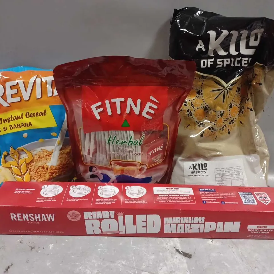 BOX OF ASSORTED FOOD ITEMS TO INCLUDE FITNE TEABAGS - A KILO OF SPICE - NESTLE CEREVITA 