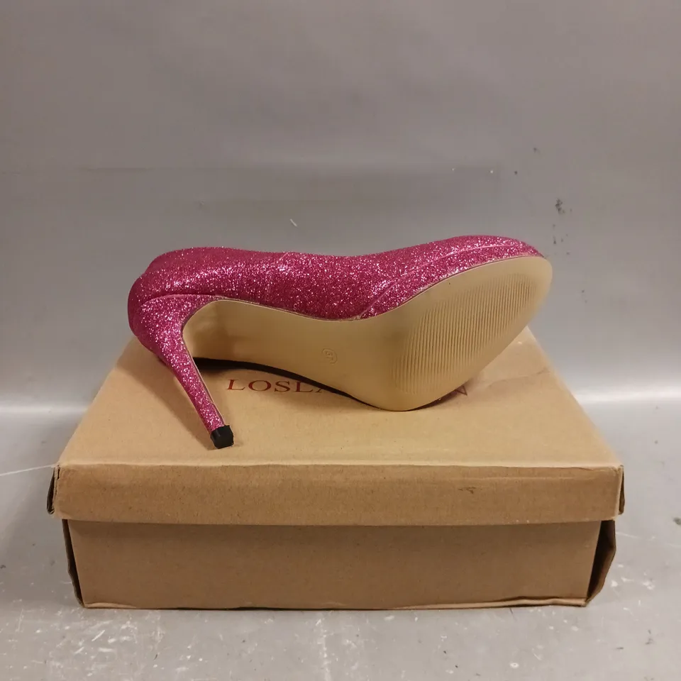 BOXED PAIR OF LOSLANDIFEN HIGH HEEL RED GLITTER SHOES - SIZE 4